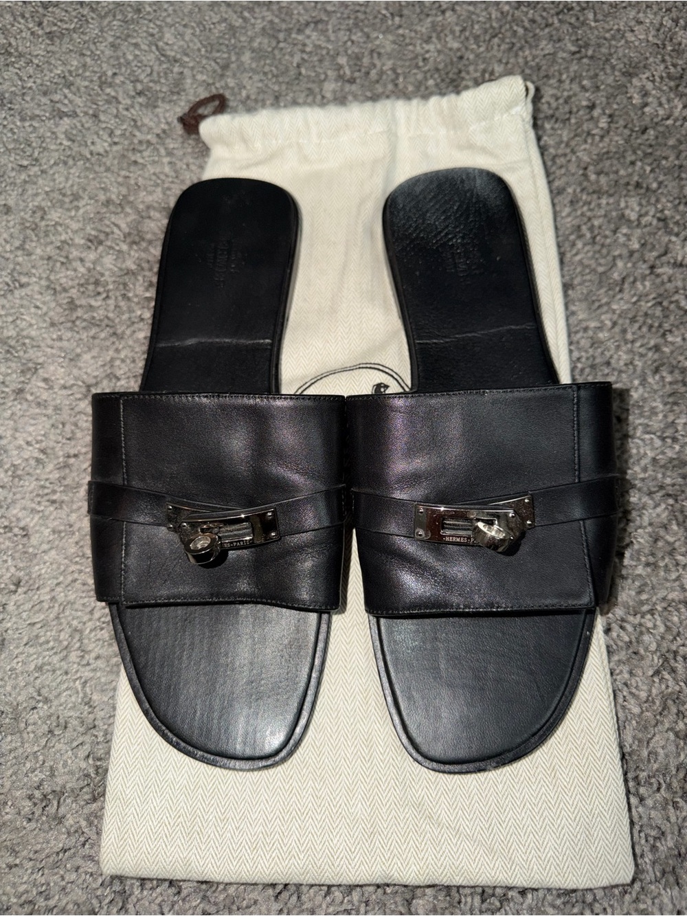 Hermes Black Leather Slide Sandals with Silver-Tone Hardware
